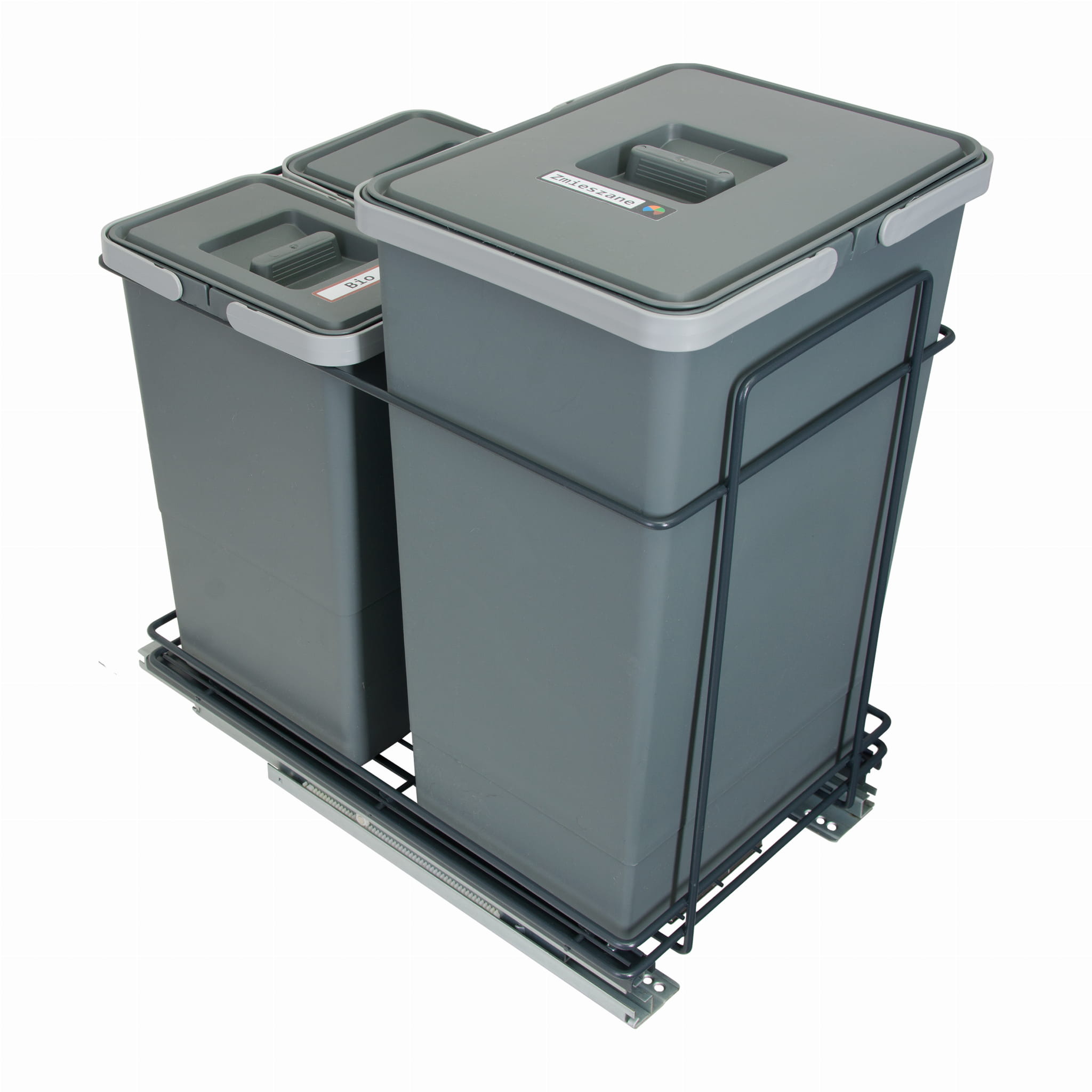 Sortownik śmieci ECOCUBE antracyt do szafki od 40 cm – cichy domyk – 3 kosze 1x24 l + 2x8 l