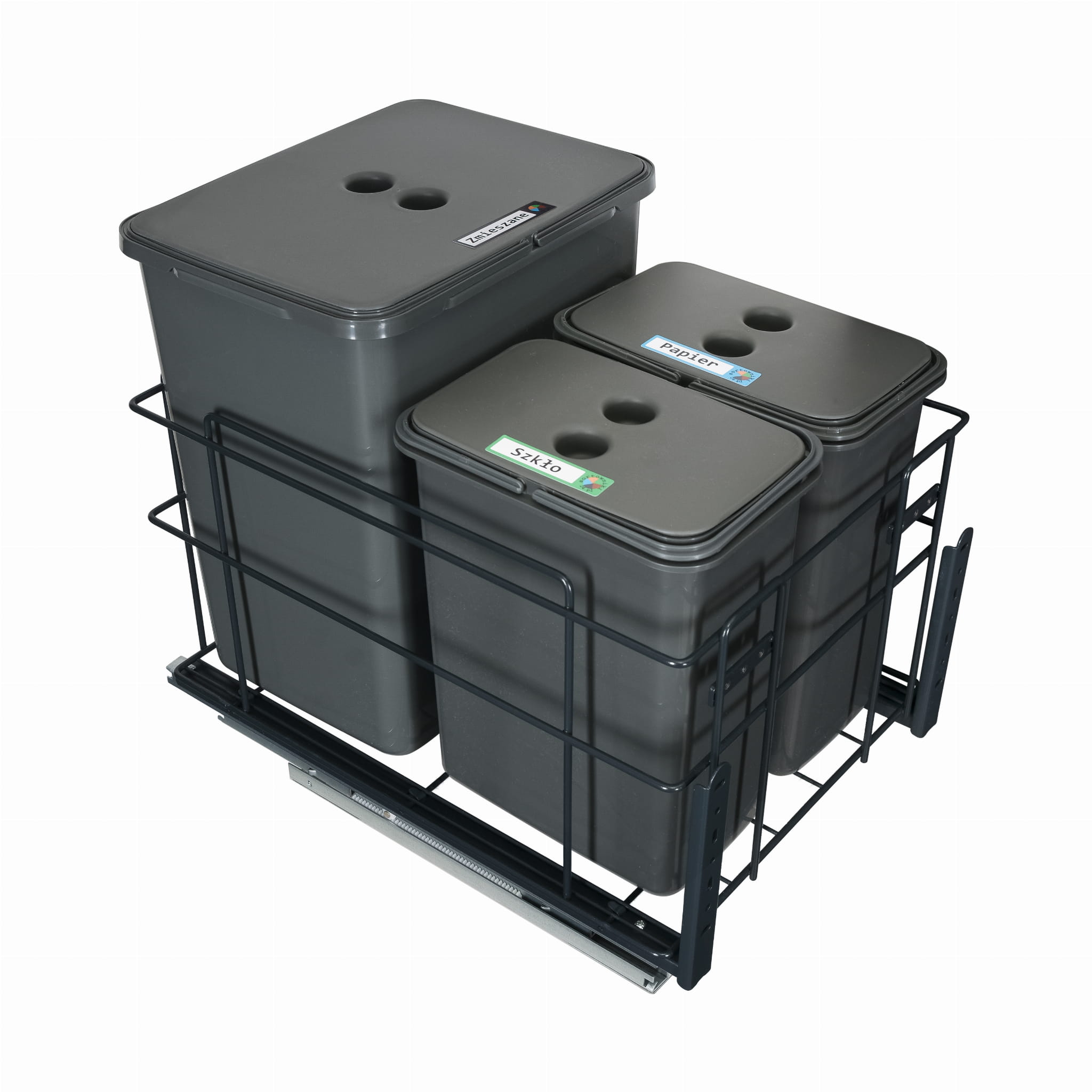 Sortownik śmieci SQUARE ECO do szafki 40 cm – cichy domyk – 3 kosze 1x20 l + 2x8 l – z mocowaniem frontu