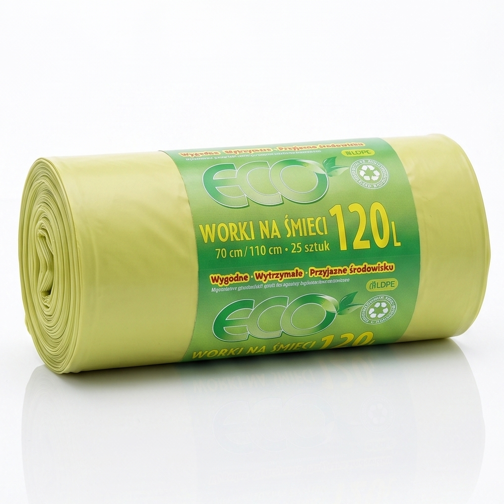 Worki na śmieci Żółte LDPE bardzo mocne 120 litrów 25 szt./rolka